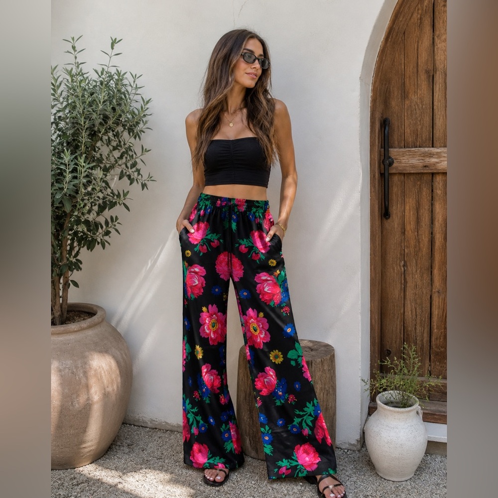 Black Floral Wide-Leg Pants